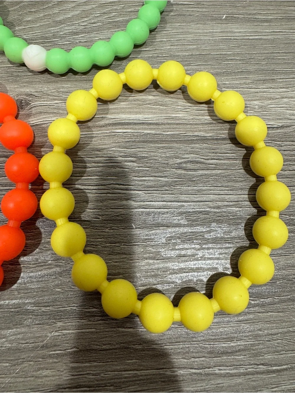 3 Rubber Bead Bracelets - Green, Yellow & Orange - Good Condition
